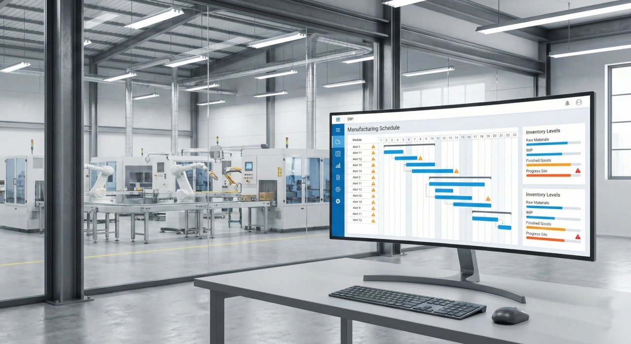 Hala firmy produkcyjnej z ekranem systemu wspierającego sprzedaż i realizację