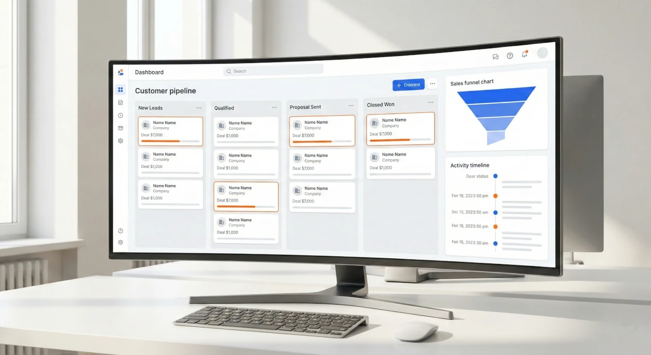 Kanban pipeline sprzedaży z kartami kontaktów i wykresem lejka