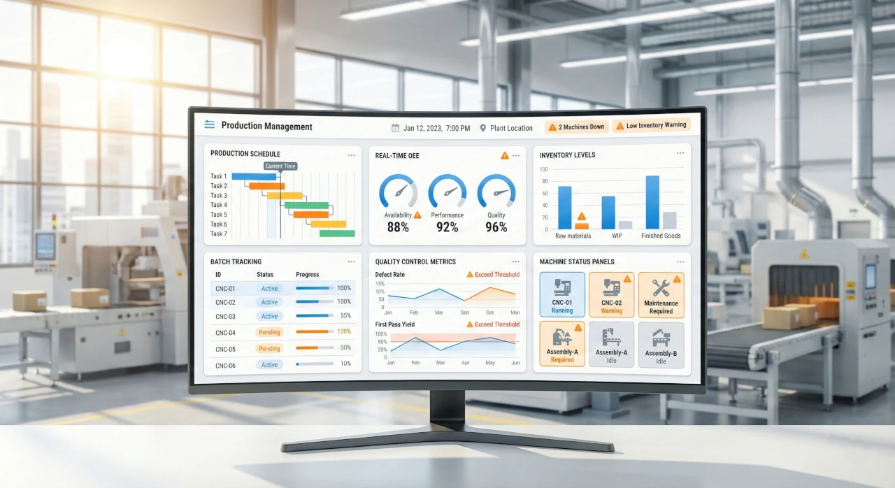 Monitor linii produkcyjnej z metrykami OEE i harmonogramem partii